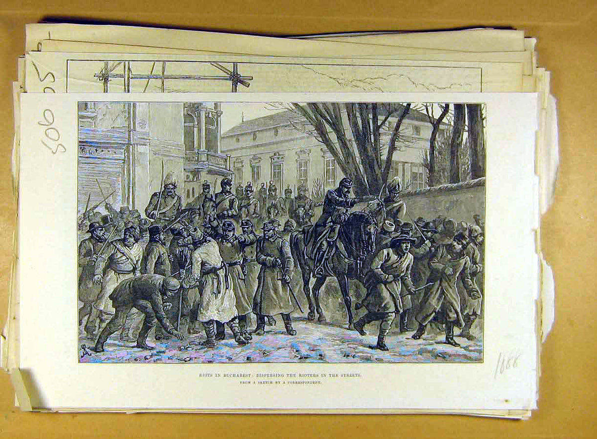 Original Old Antique Print 1888 Riots Bucharest Rioters Street Dispersing Sketch