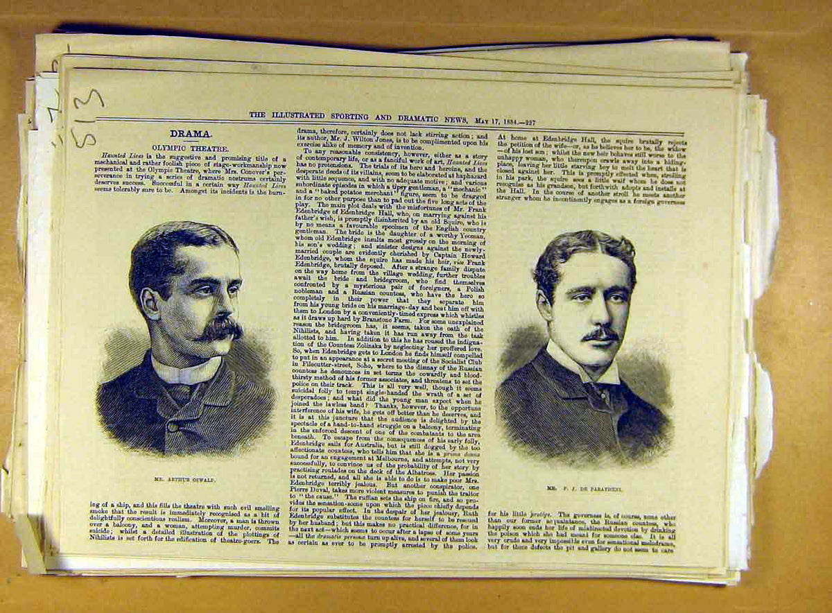 Original Old Antique Print 1884 Theatre Portrait Oswald Paravicini Olympic Actor