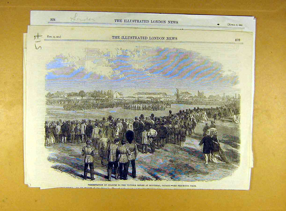 Original Old Antique Print 1862 Colours Victoria Rifles Montreal Canada Military