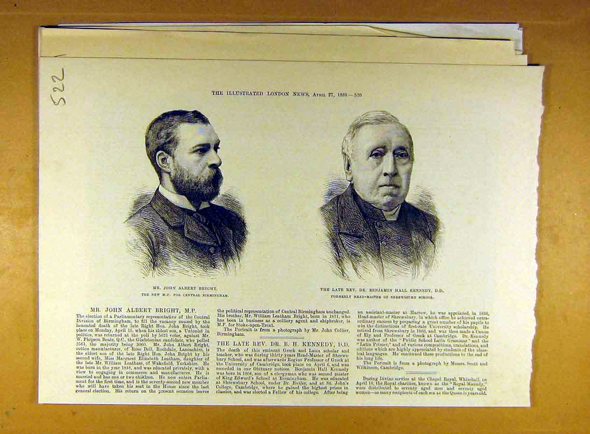 Original Old Antique Print 1889 Portrait Bright Mp Birmingham Kennedy Shrewsbury