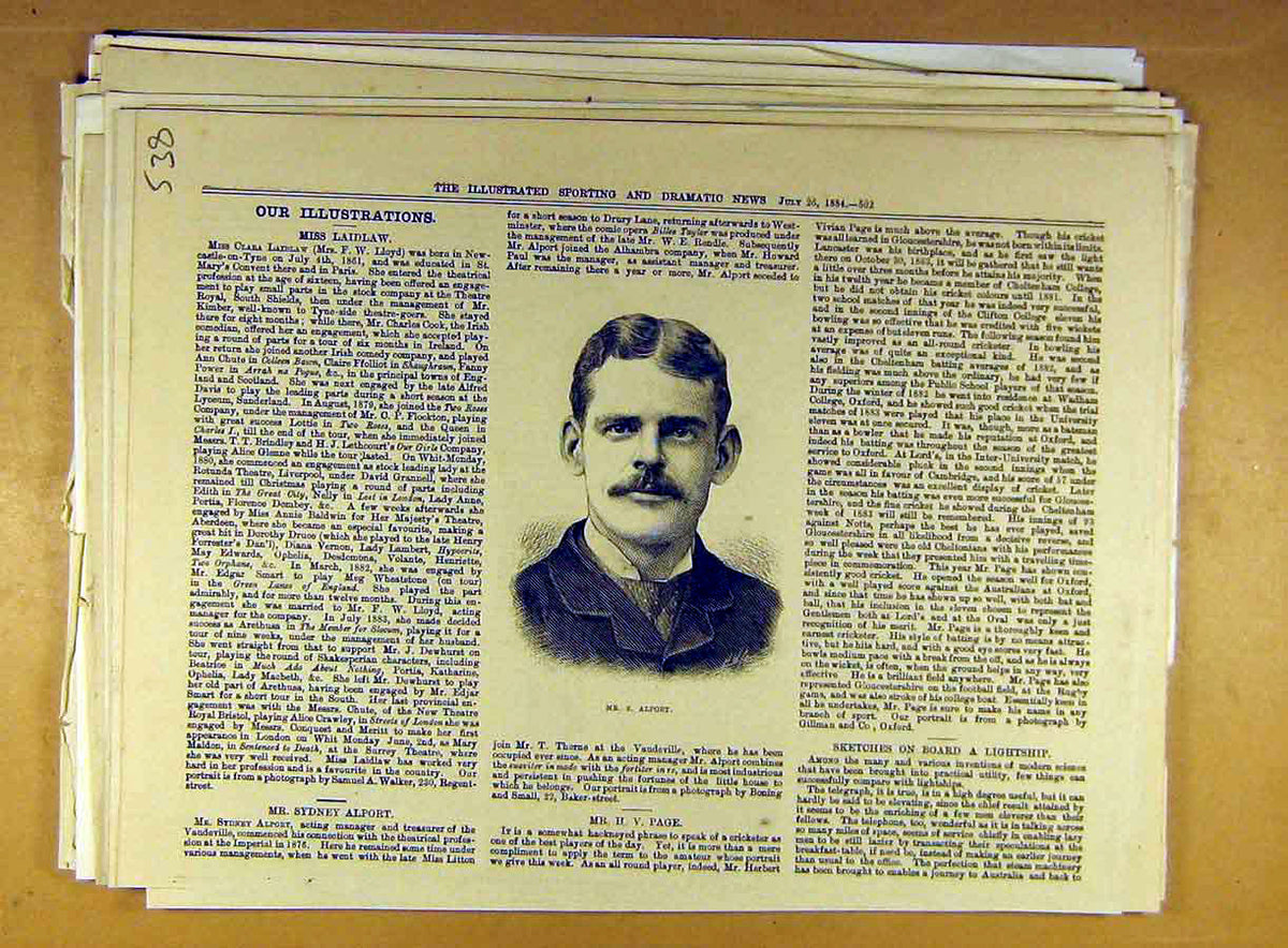 Original Old Antique Print 1884 Portrait Alport Vaudeville Theatre Manager 19th