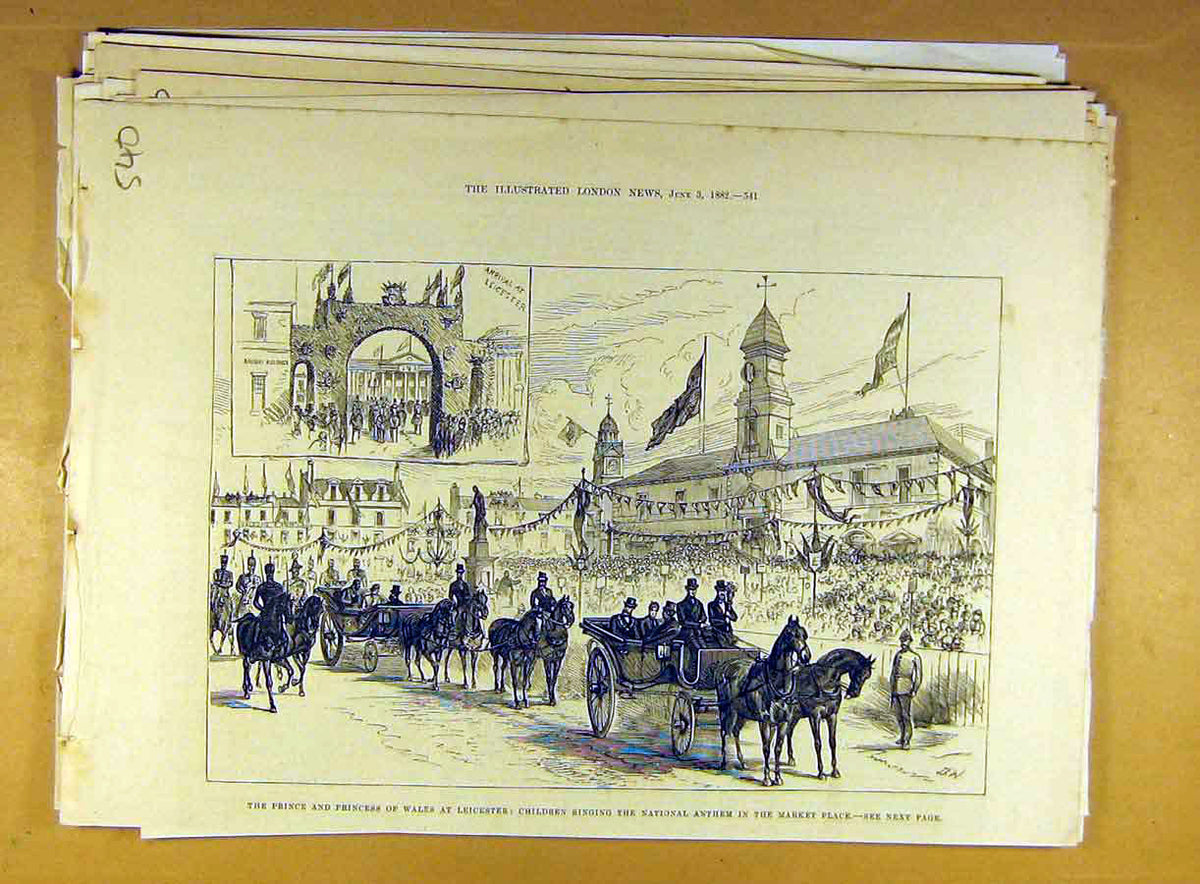 Original Old Antique Print 1882 Prince Princess Wales Leicester Market Place