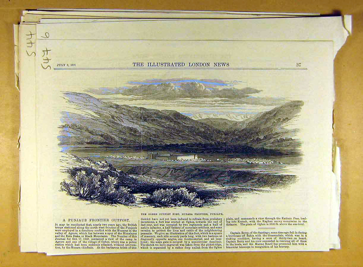 Original Old Antique Print 1870 Oghee Outpost Fort Huzara Frontier Punjaub 19th