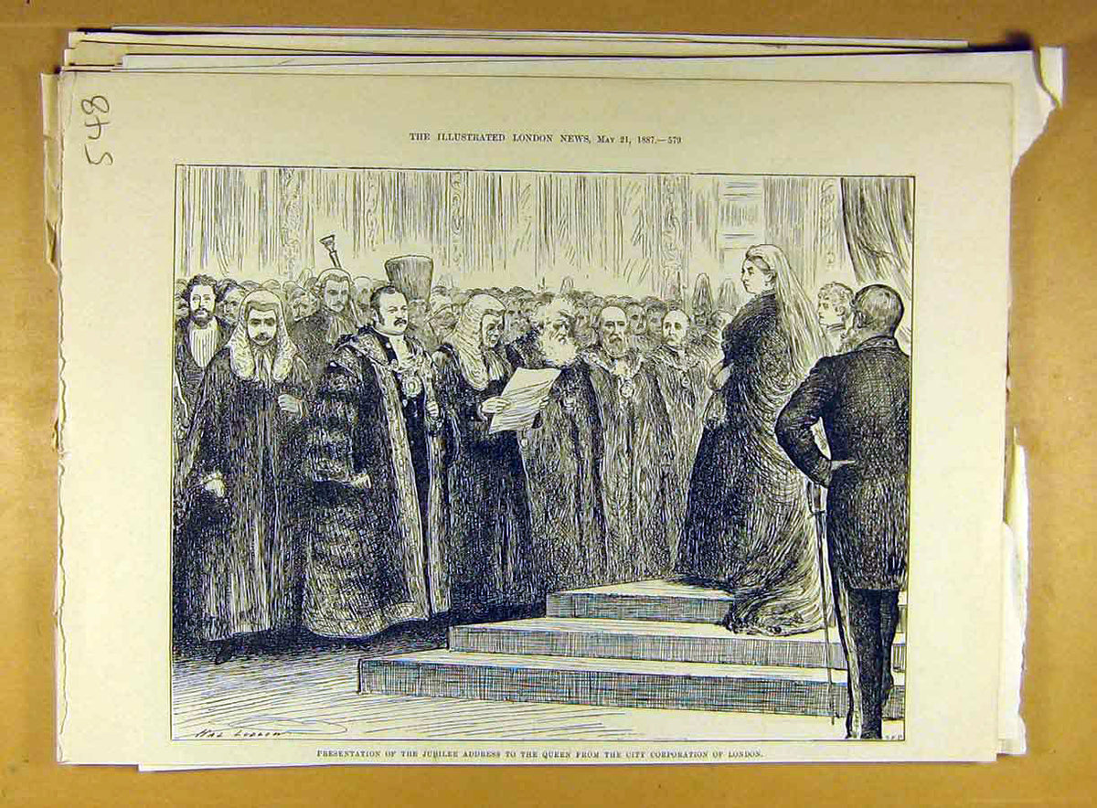 Original Old Antique Print 1887 Jubilee Address Queen City-Corporation London