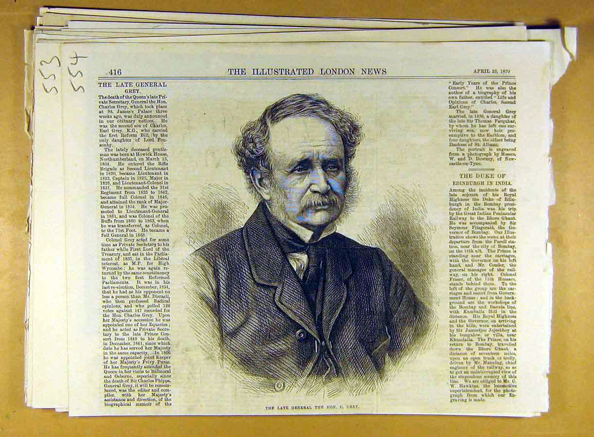 Original Old Antique Print 1870 Portrait General Grey Private-Secretary Queen