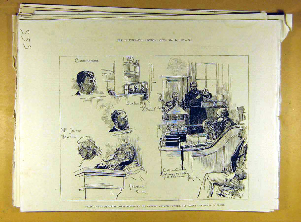 Original Old Antique Print 1885 Trial Dynamite Conspirators -Bailey Court 19th