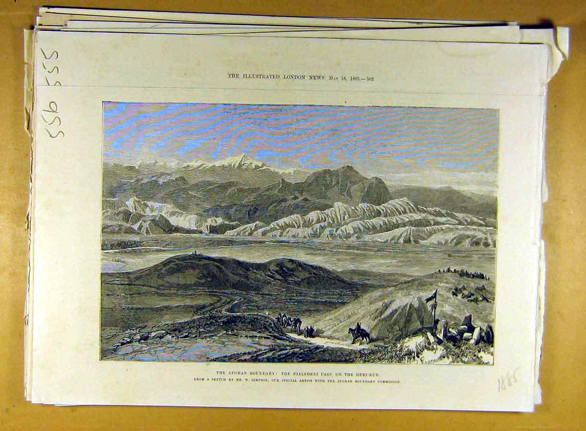 Original Old Antique Print 1885 Afghan Boundary Nialsheni Pass Heri-Rud Simpson