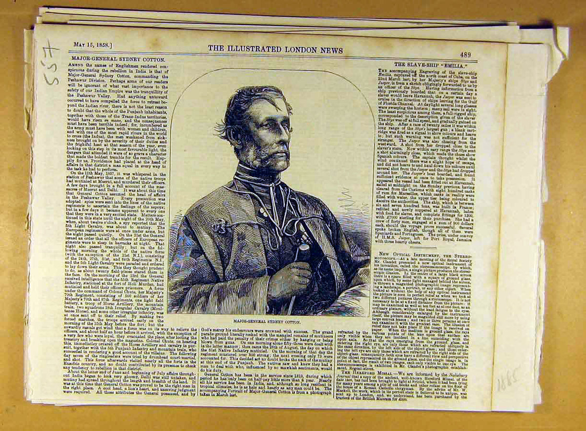 Original Old Antique Print Portrait Major-General Sydney Cotton Military
