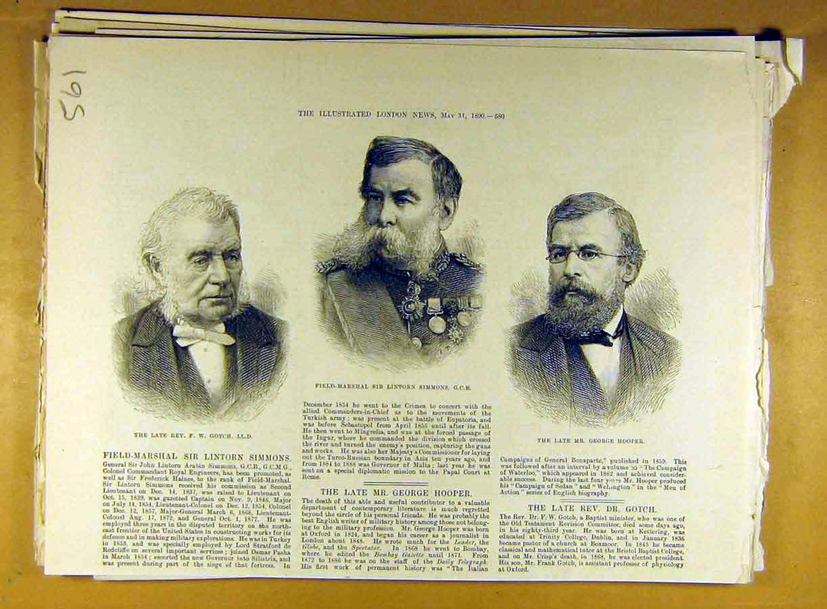 Original Old Antique Print 1890 Gotch Rev. Simmons Field-Marshall Hooper Author