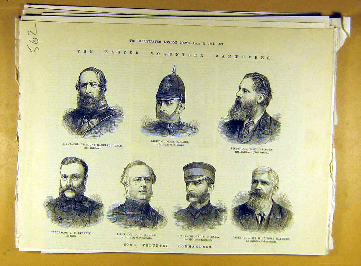Original Old Antique Print 1884 Easter Volunteer Manoeuvre Military Commanders