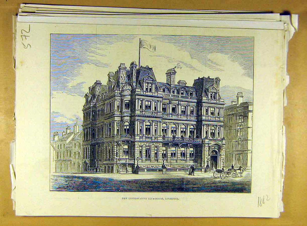 Original Old Antique Print 1882 Conservative Club-House Liverpool Building 19th