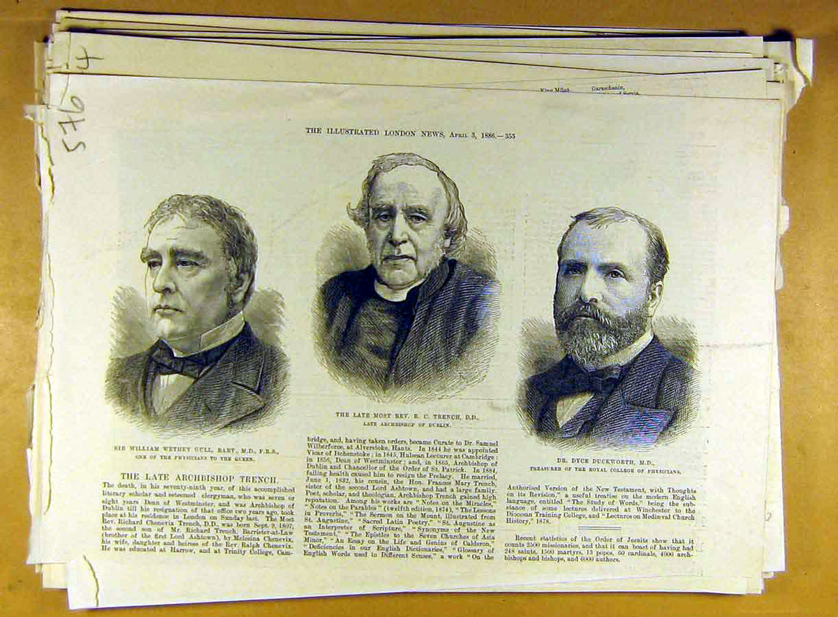 Original Old Antique Print 1886 Portrait Gull Physician Trench Rev. Duckworth