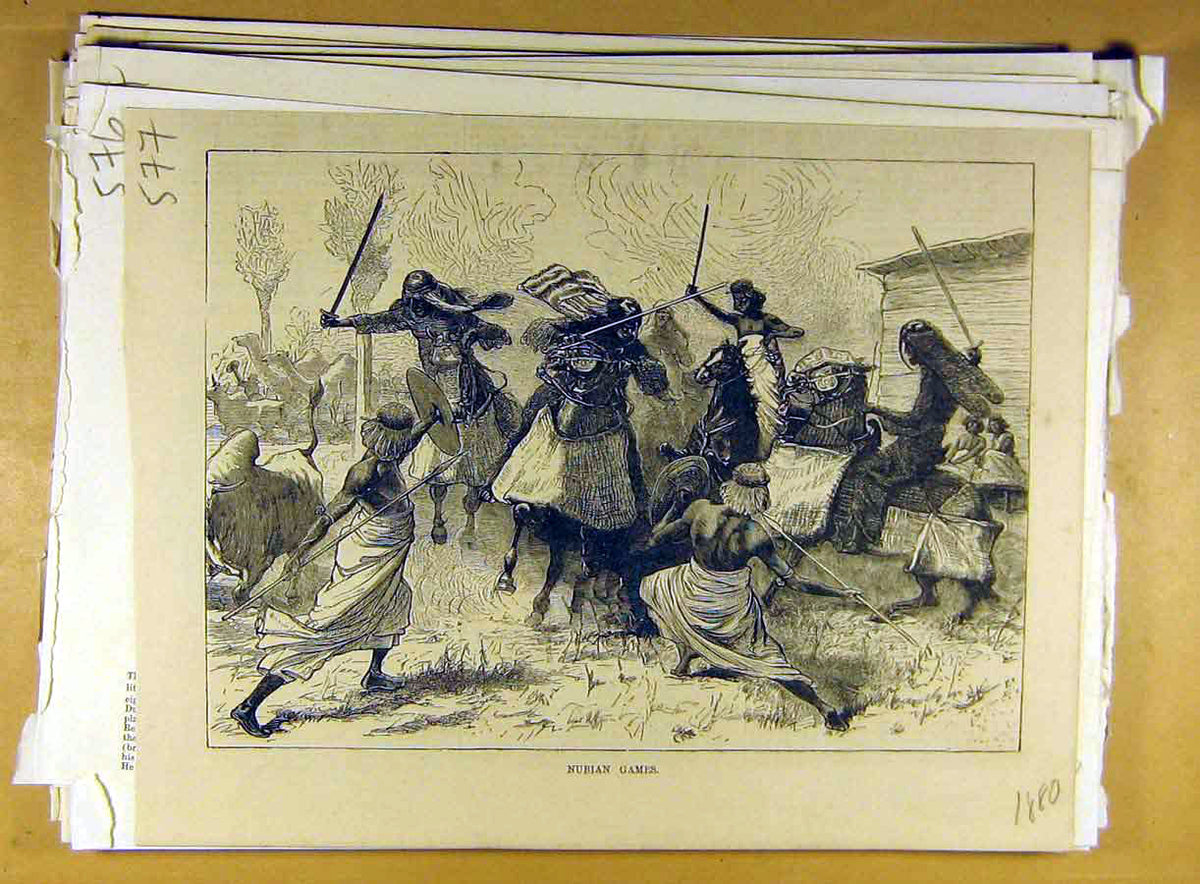 Original Old Antique Print 1880 Nubian Games Sport Battle Fighting Victorian