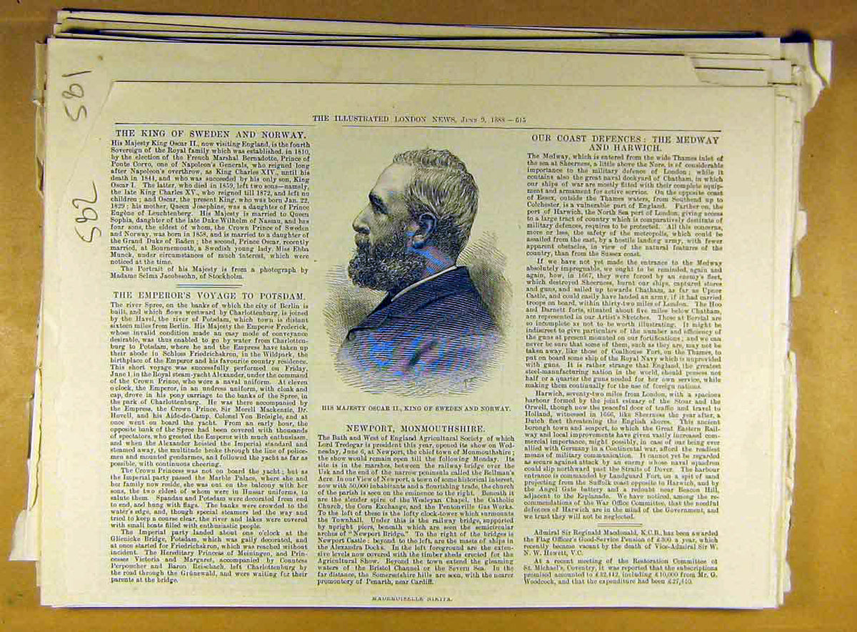 Original Old Antique Print 1888 Portrit King Oscar Sweden Norway 19th