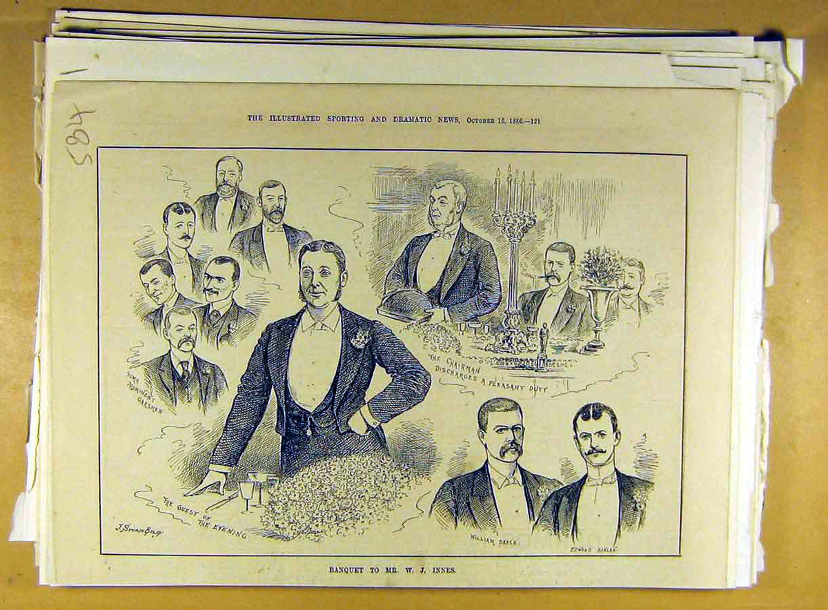 Original Old Antique Print 1886 Banquet Innes Sketches Portrait 19th