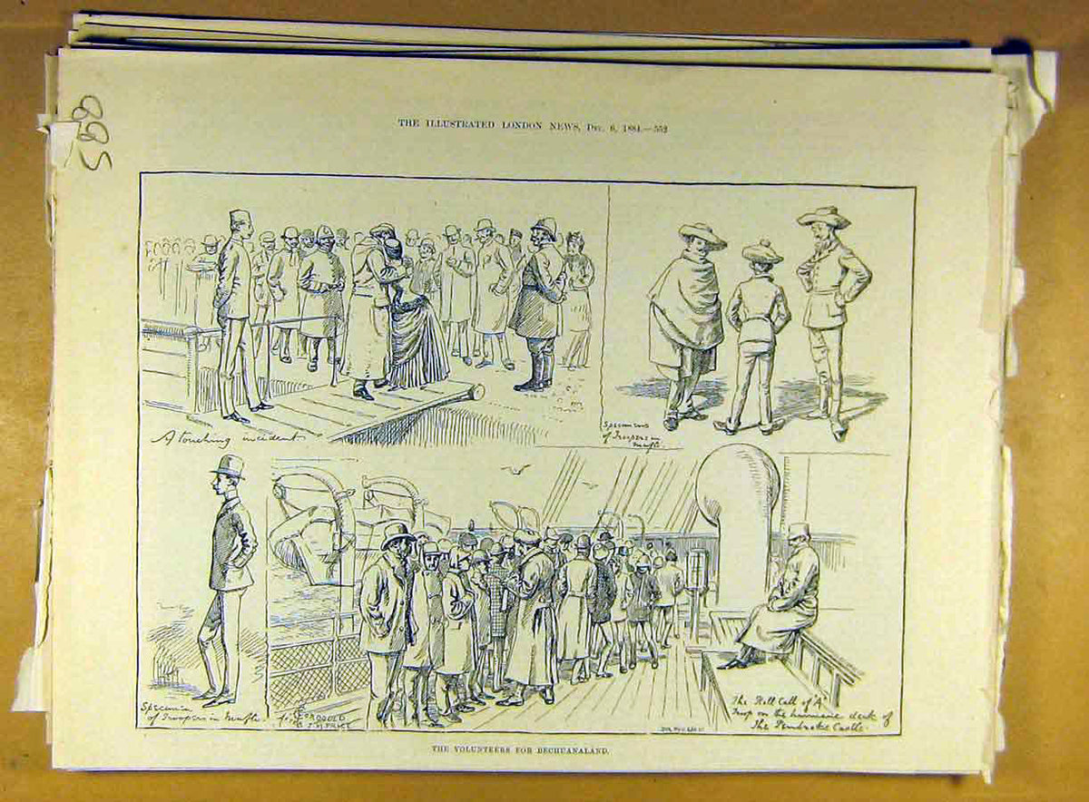 Original Old Antique Print 1884 Volunteers Bechuanaland Sketches Pembroke Castle