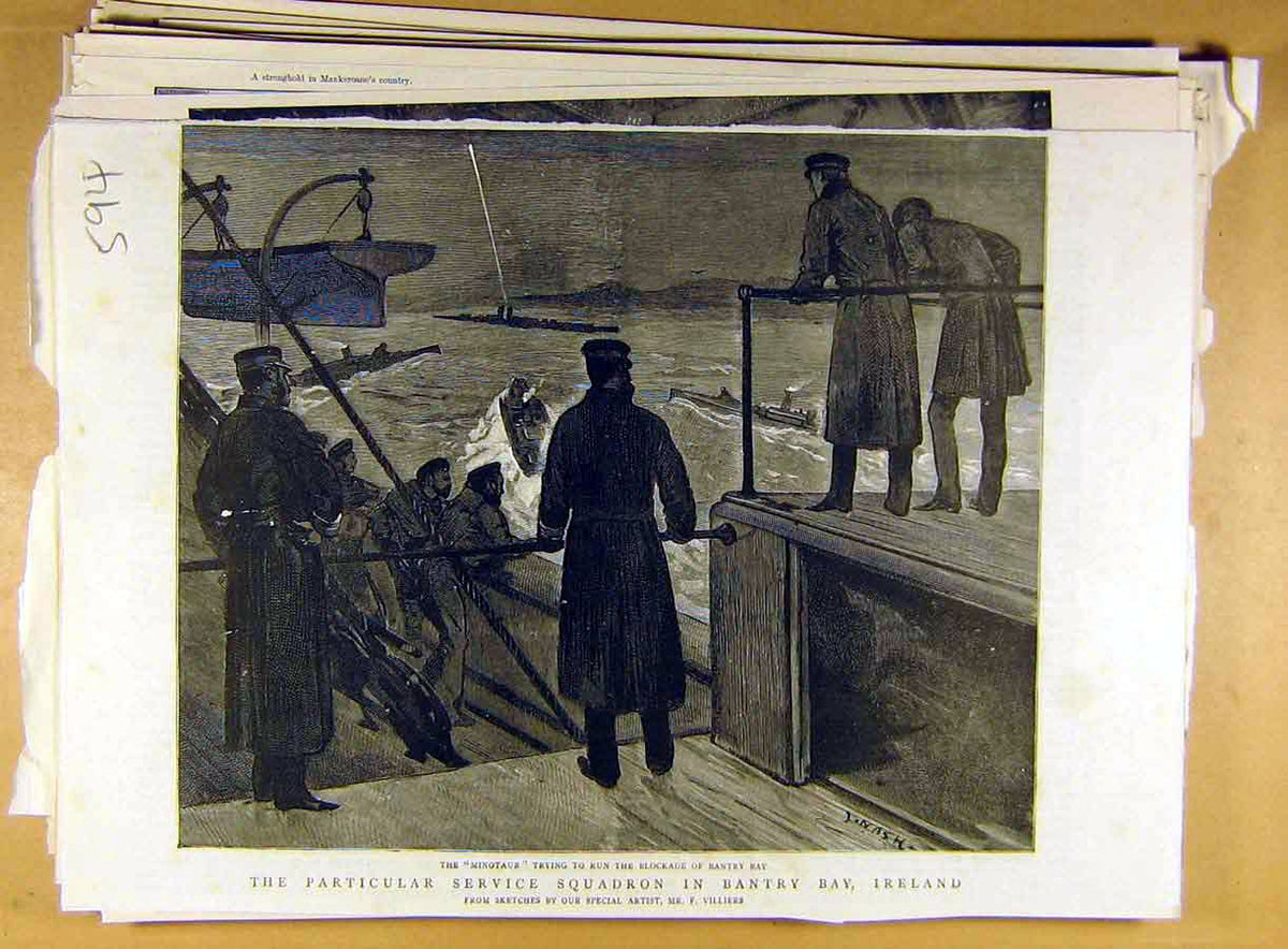 Original Old Antique Print Service Squadron Bantry-Bay Ireland Minotaur Blockade