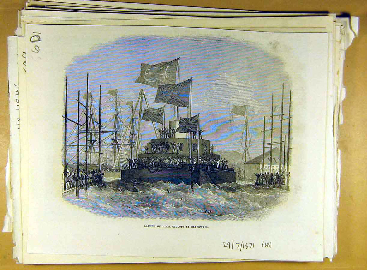 Original Old Antique Print 1871 Launch Hms Cyclops Blackwall Naval Ship 19th