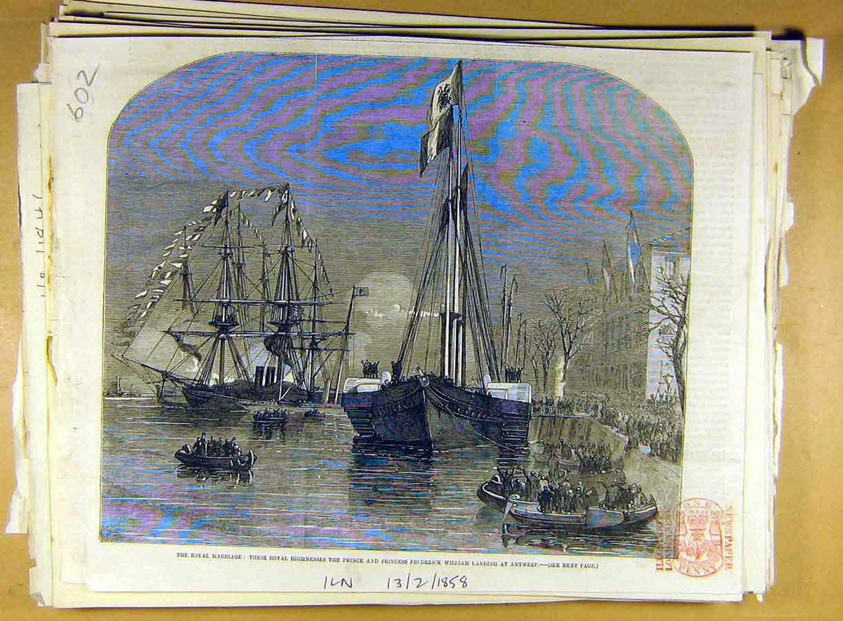 Original Old Antique Print 1858 Royal Prince Princess Frederick William Antwerp