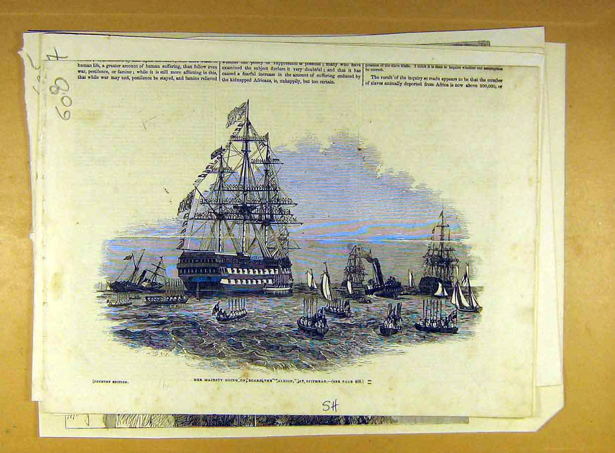 Original Old Antique Print 1845 Albion Royal Visit Spithead Queen Naval 19th