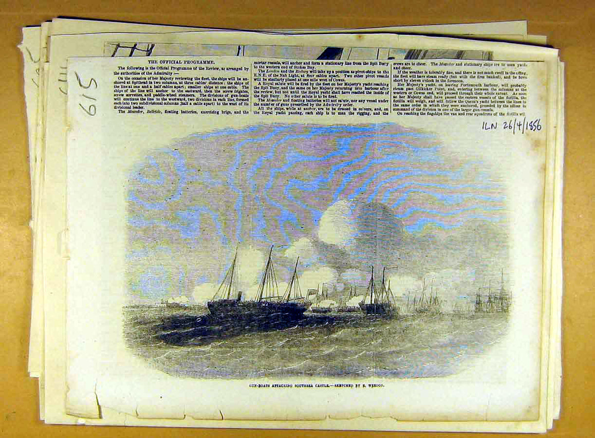 Original Old Antique Print 1856 Gun-Boats Southsea Castle Weedon Sketch Naval