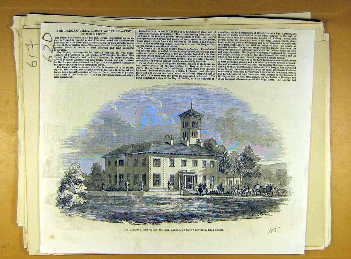 Original Old Antique Print 1853 Dargan Royal Queen Mount Annville Dublin Ireland