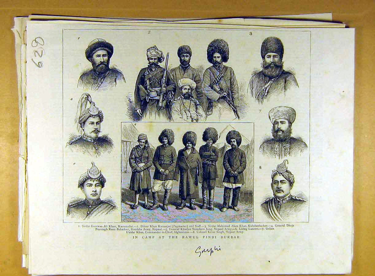 Original Old Antique Print Camp Rawul Pindi Durbar Military Portraits People