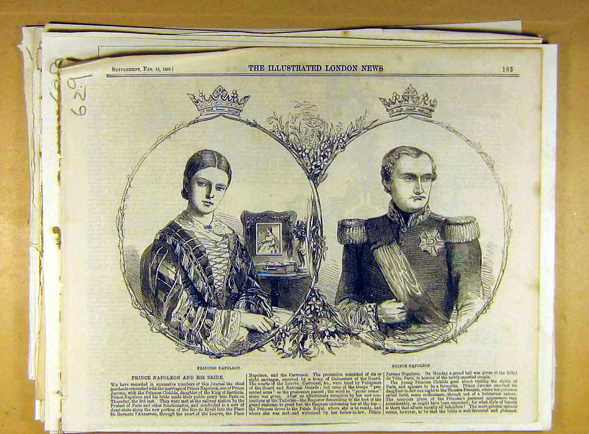 Original Old Antique Print 1859 Princess Napoleon Prince Portrait Royal 19th