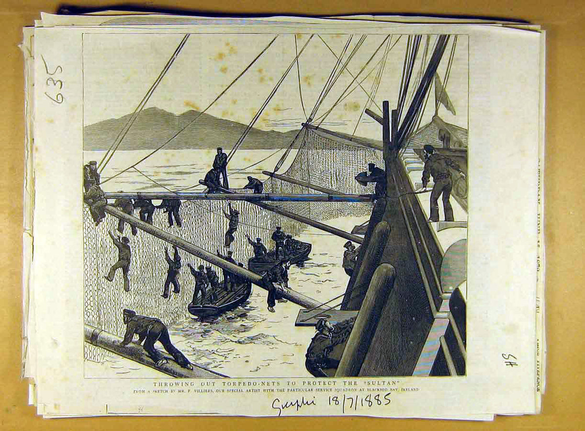 Old Antique Print 1885 Topredo-Nets Sultan Villiers Naval Sketch Ireland 19th