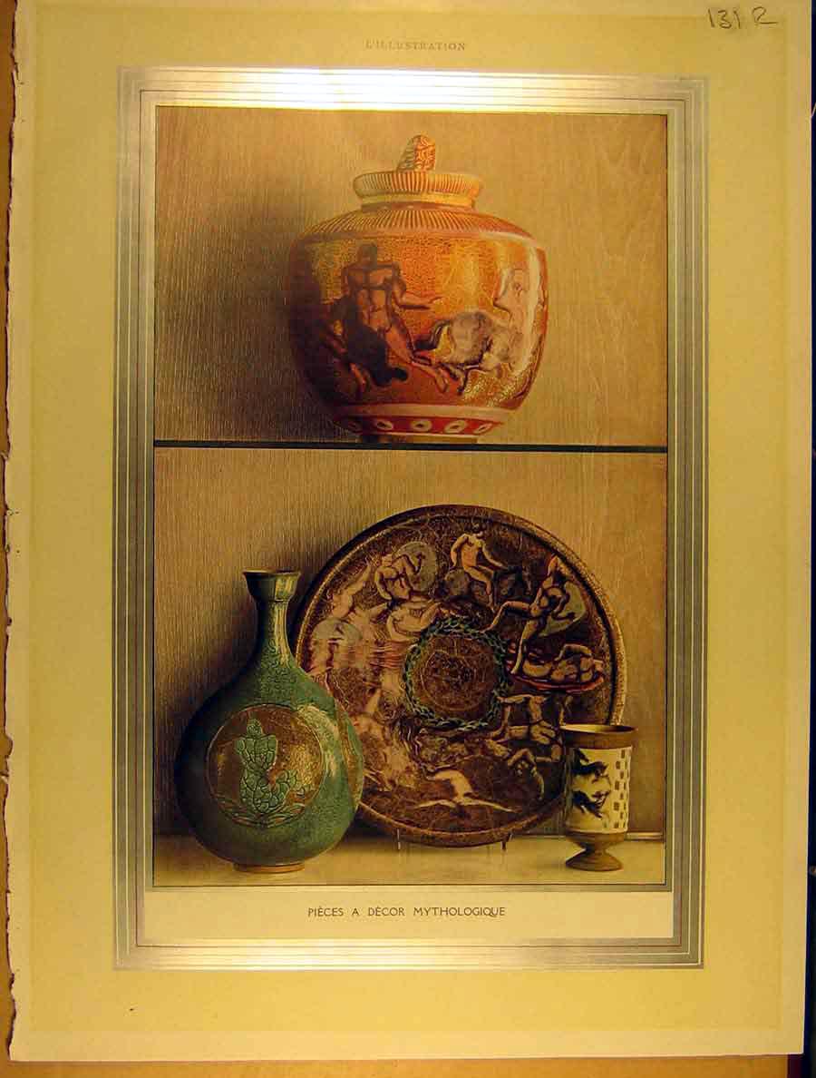 Original Old Antique Print Mythology Antiquities Vase S Plate Cup French