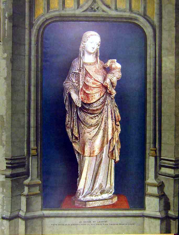 Original Old Antique Print Virgin Child Statue Sculpture Announciation Gabriel