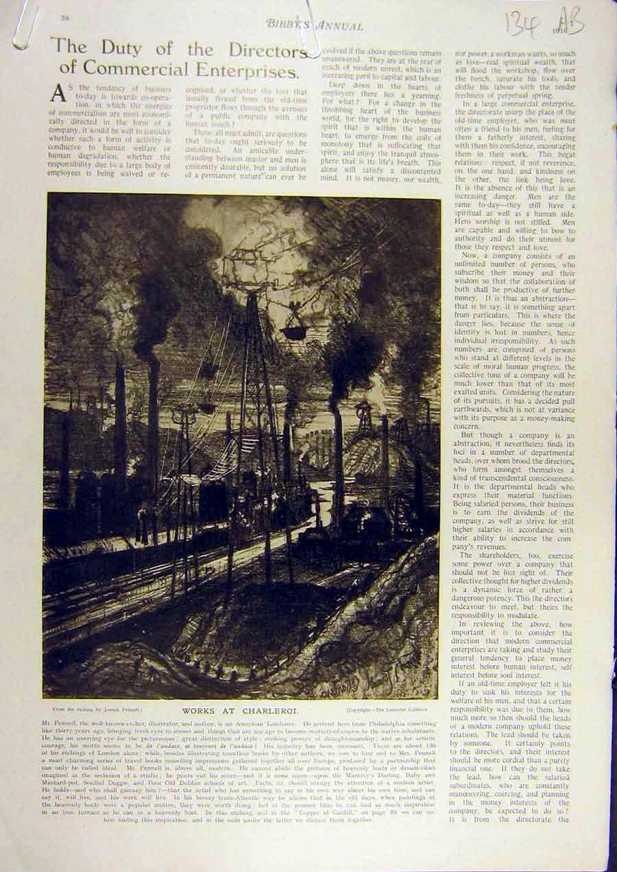 Original Old Antique Print 1916 Works Charleroi Copper Cardiff Industry Pennell