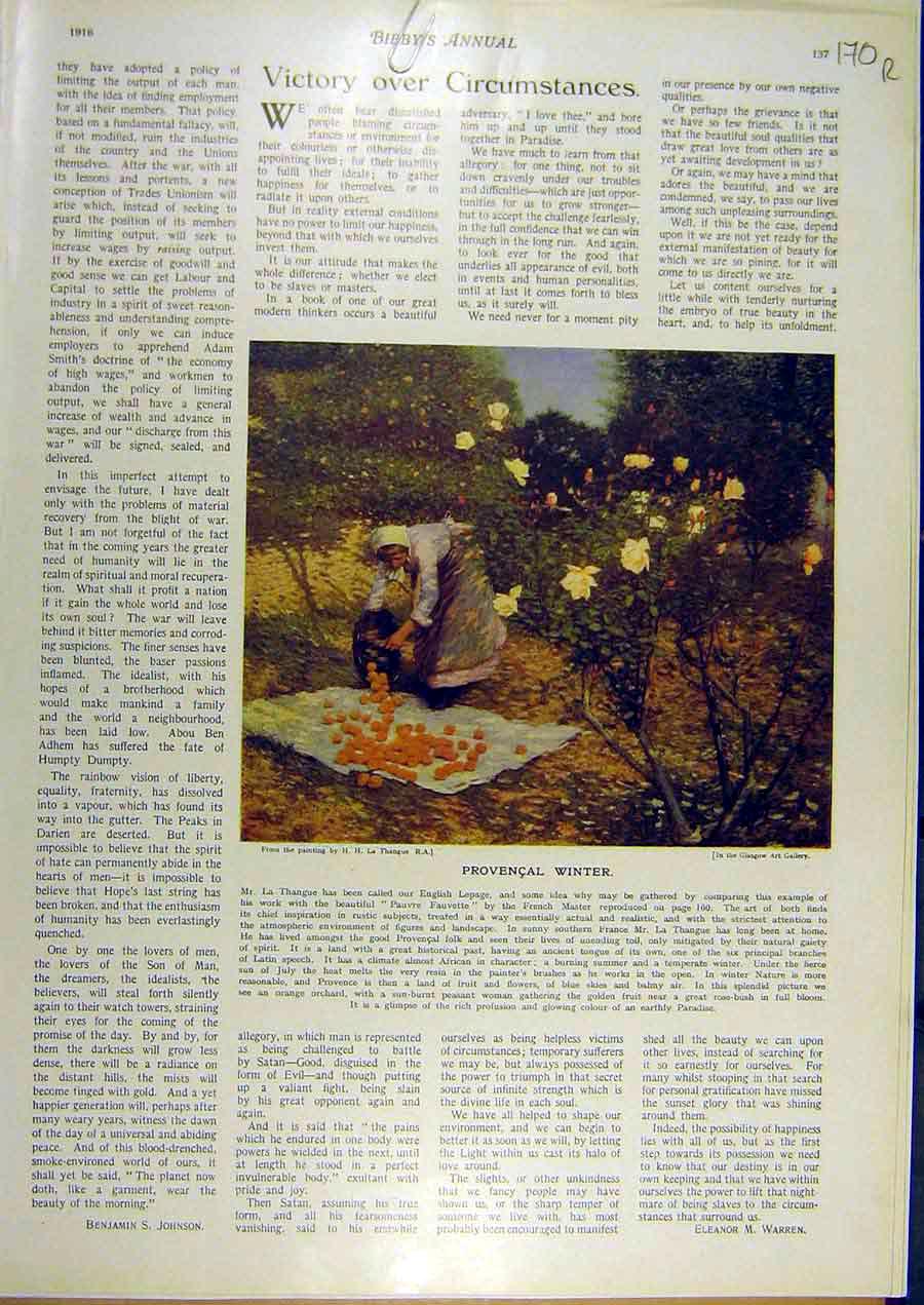 Old Antique Print 1916 Provencal Winter Thangue Thomas Carlyle Portrait 20th