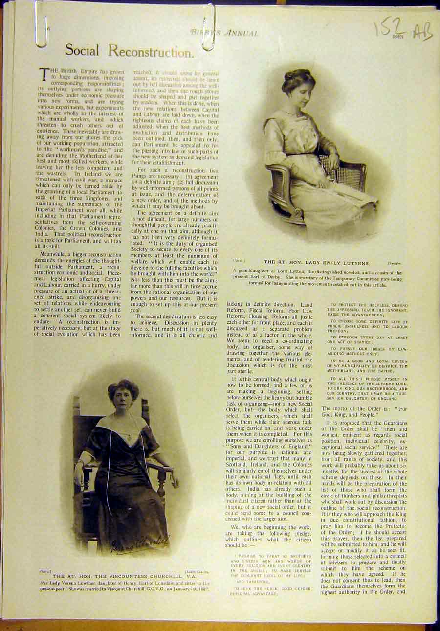 Original Old Antique Print 1913 Lutyens Churchill Allan Bibby Portrait 20th