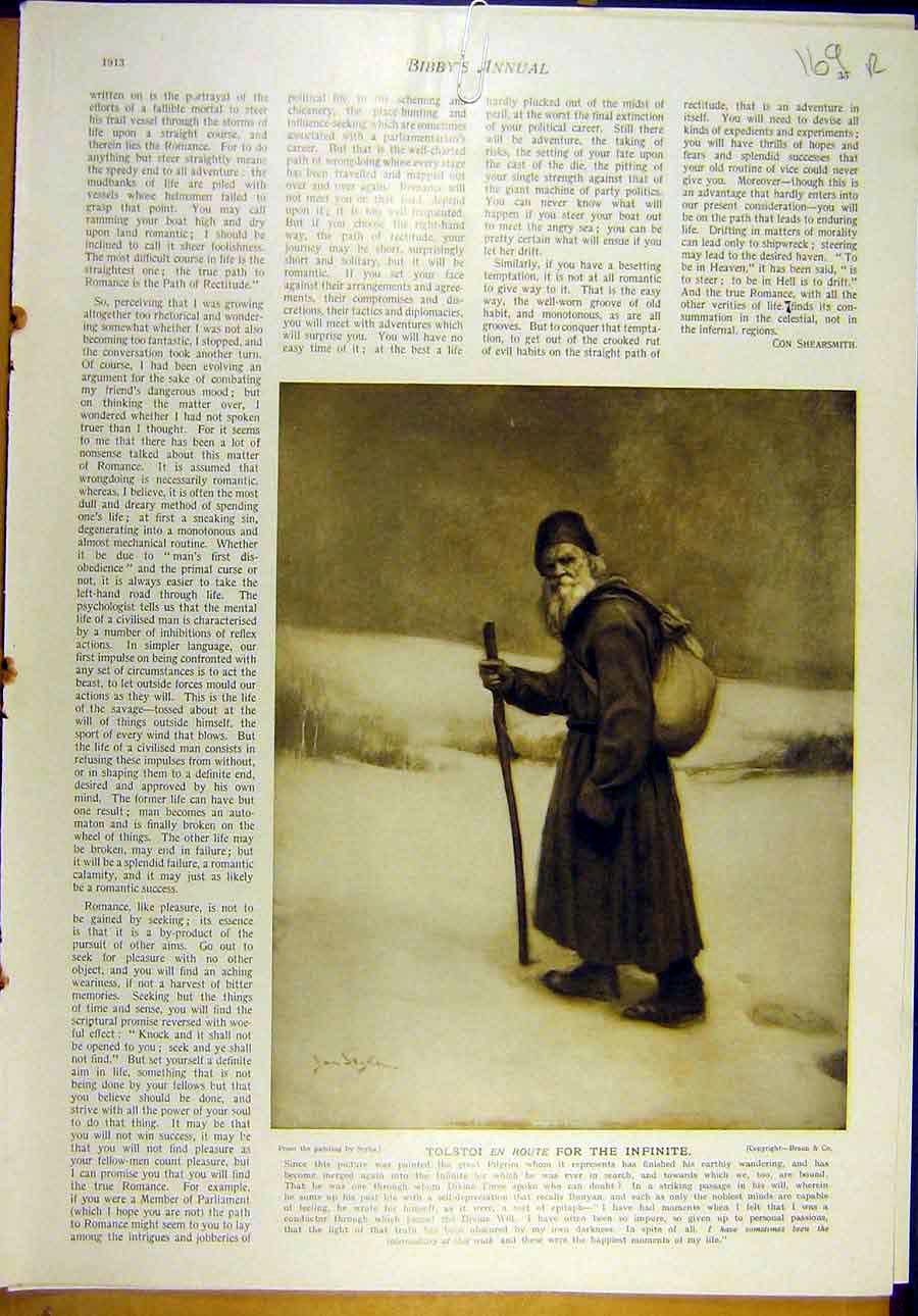 Original Old Antique Print 1913 Styka Tolstoi Infinite -Lady Battlefield Cooley