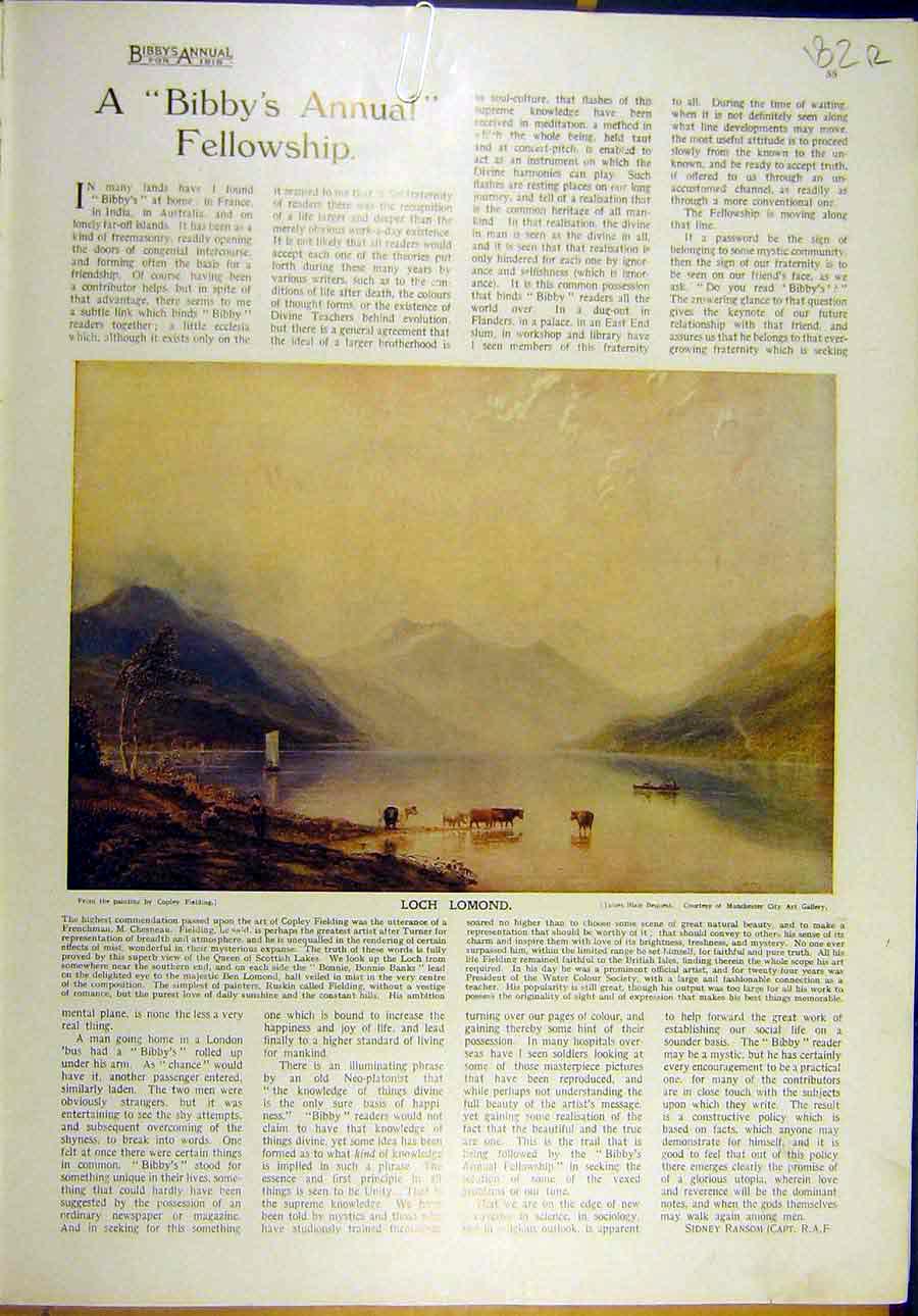 Original Old Vintage Print 1918 Fielding Loch-Lomond Landscape Hope Watts 20th