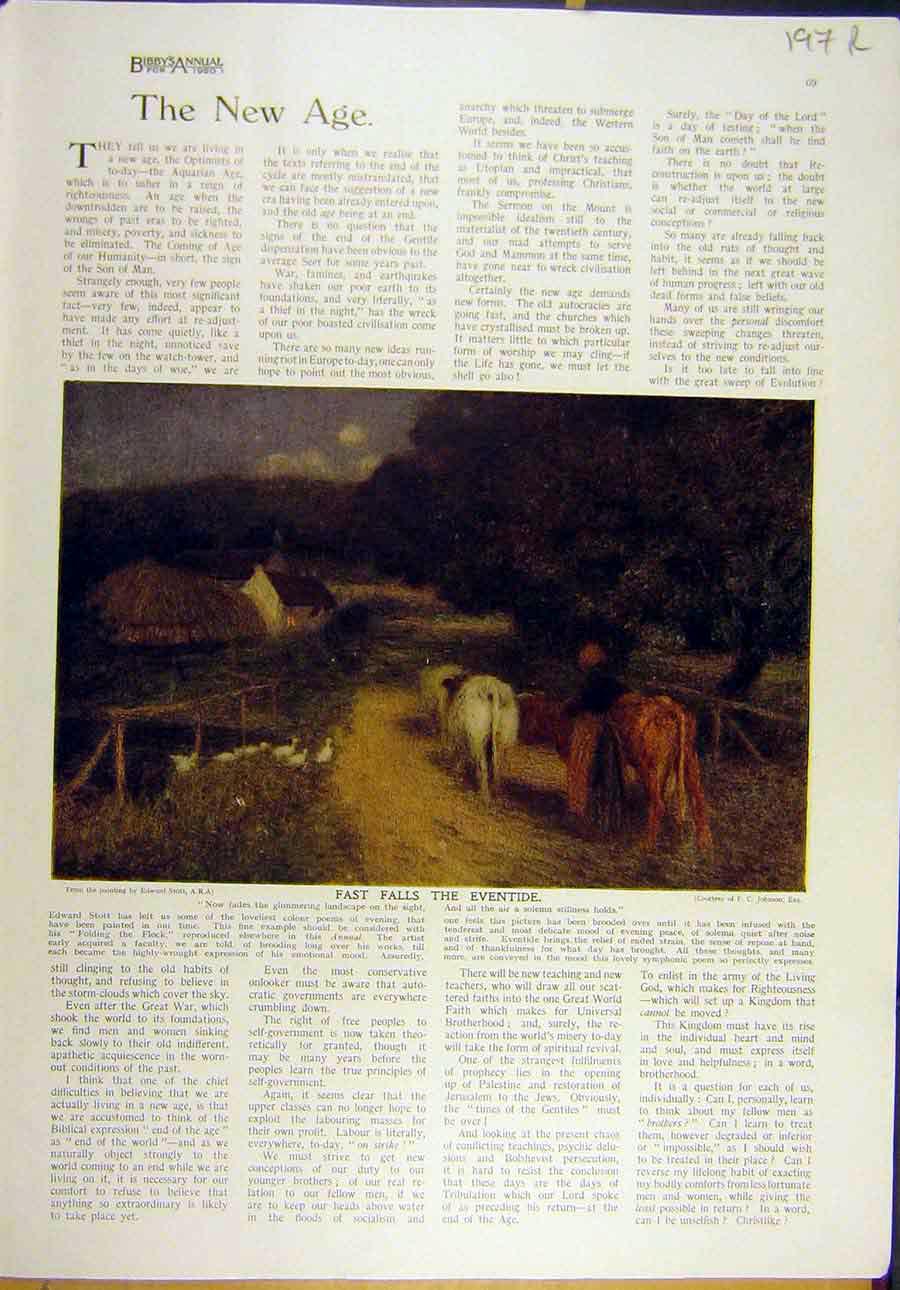 Old Vintage Print 1920 Stott Eventide Cows Farm Hughes Stars Sleep Baby 20th