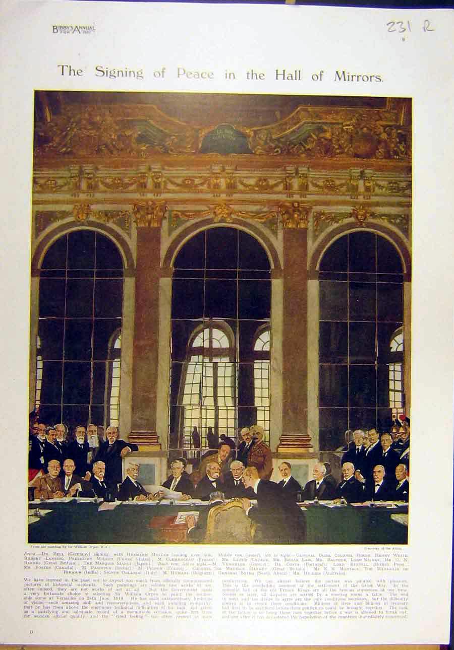 Original Old Vintage Print 1921 Peace Treaty Muller George Hall Mirrors Armour