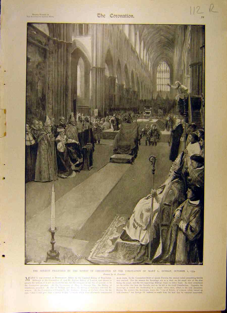 Original Old Antique Print Bishop Chichester Mary-I Coronation Gloves Elizabeth