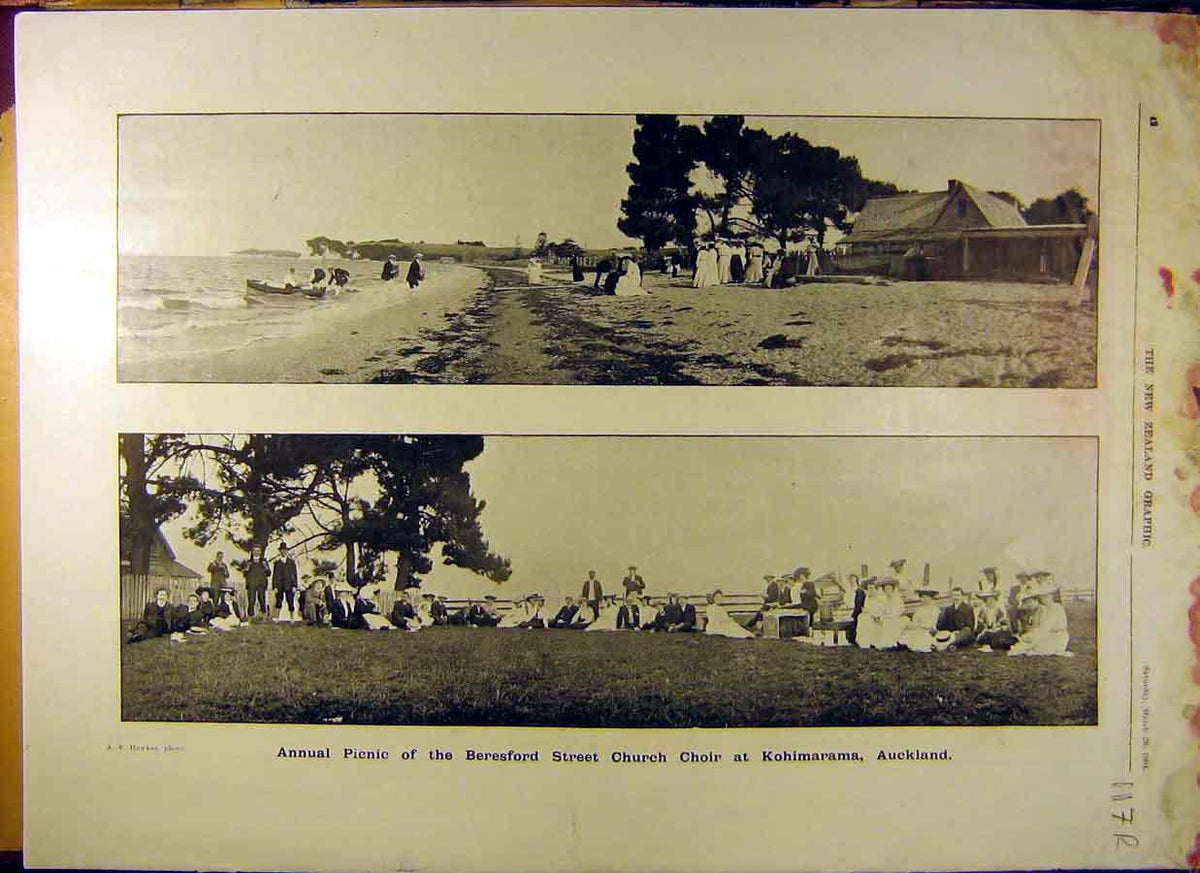 Original Old Antique Print 1904 Picnic Beresford Church Choir Catholic Sports