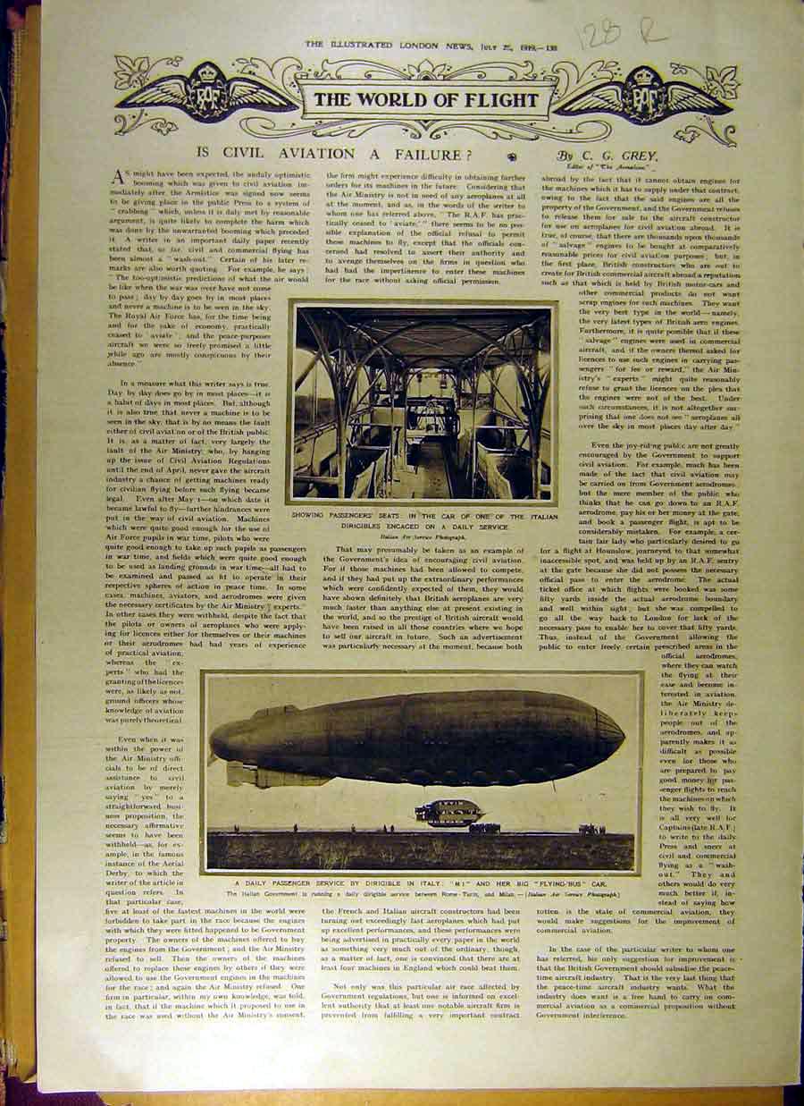 Old Vintage Print 1919 Flight Dirigible Flying-Bus Naval Admiral Squadron 20th