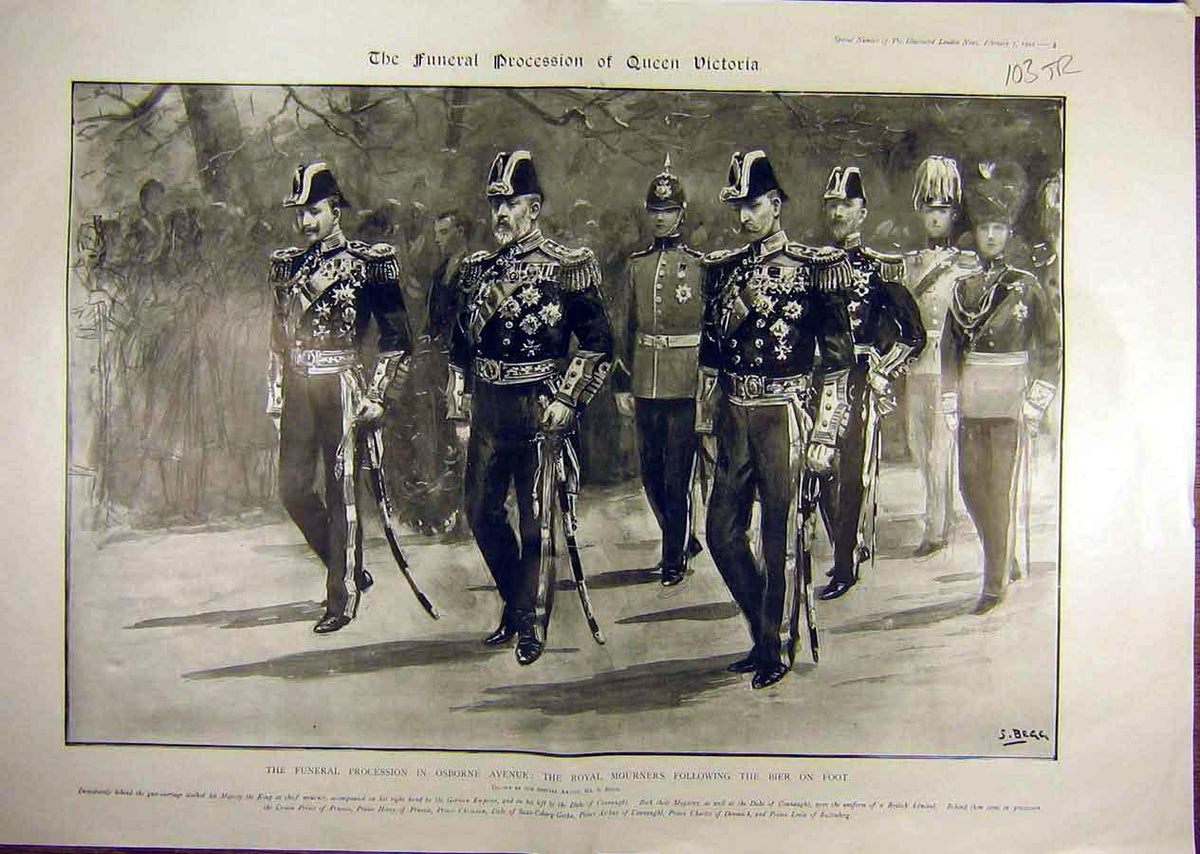 Old Antique Print 1901 Funeral Procession Queen Victoria Beir Princesses 20th