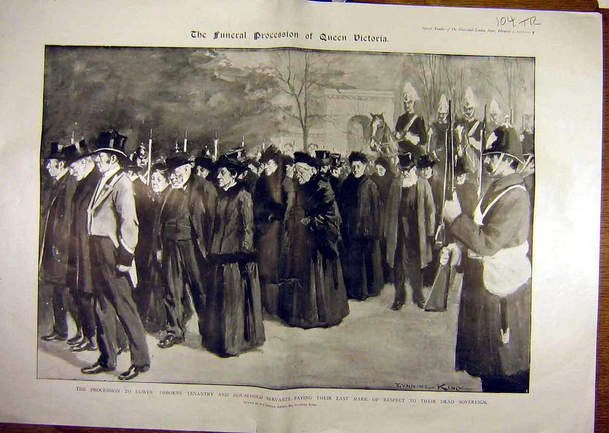 Original Old Antique Print 1901 Queen Victoria Sovereign Funeral Cowes Alberta