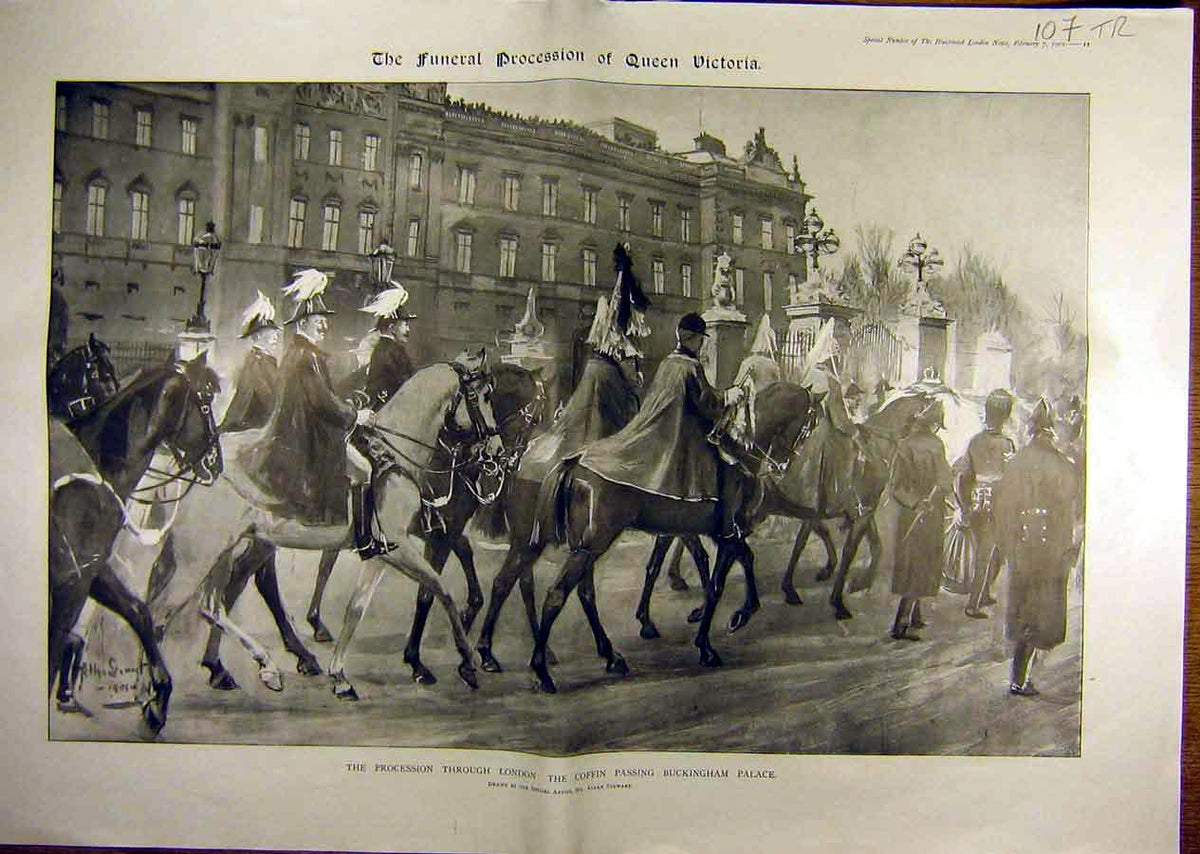 Original Old Antique Print 1901 Queen Funeral Buckingham Palace Coffin London