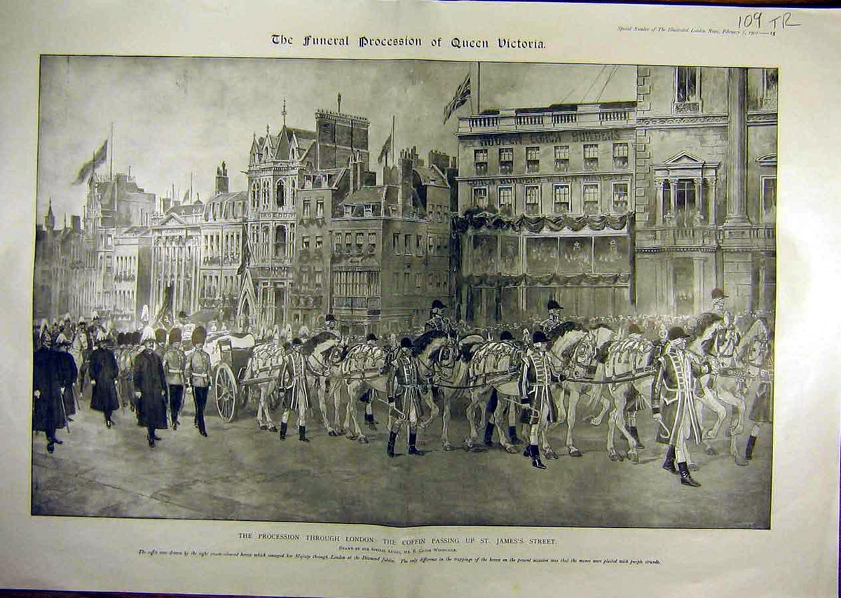 Old Antique Print 1901 Queen Victoria Coffin Procession London Piccadilly 20th