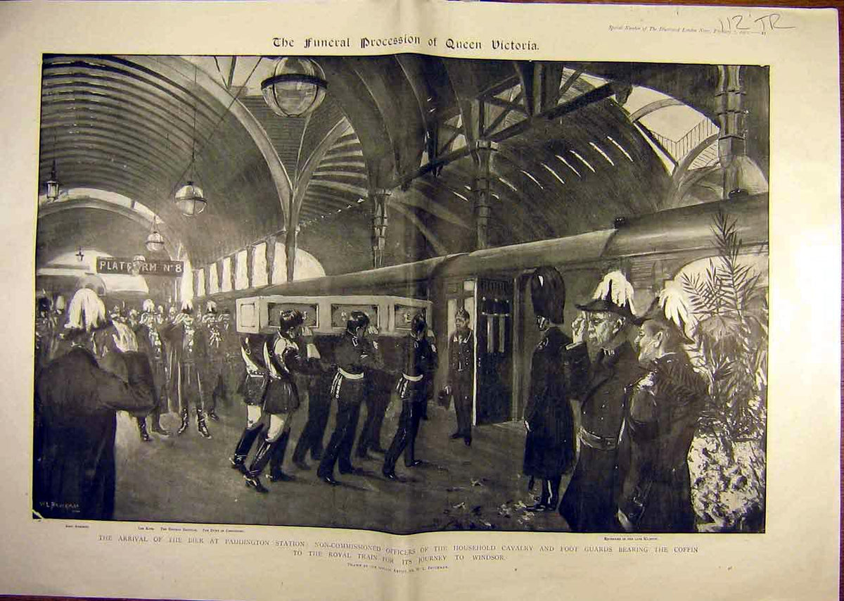 Original Old Antique Print 1901 Queen Victoria Funeral Cortege Windsor Military