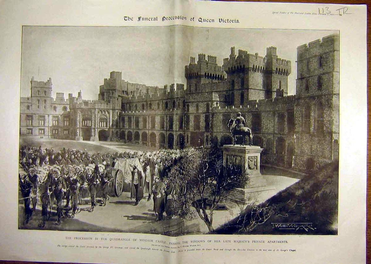 Old Antique Print 1901 Queen Victoria Funeral Service Windsor Procession 20th
