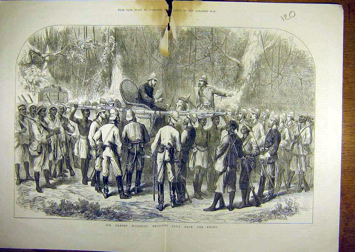 Original Old Antique Print Ashantee Wolseley Troops Coomassie Bearers