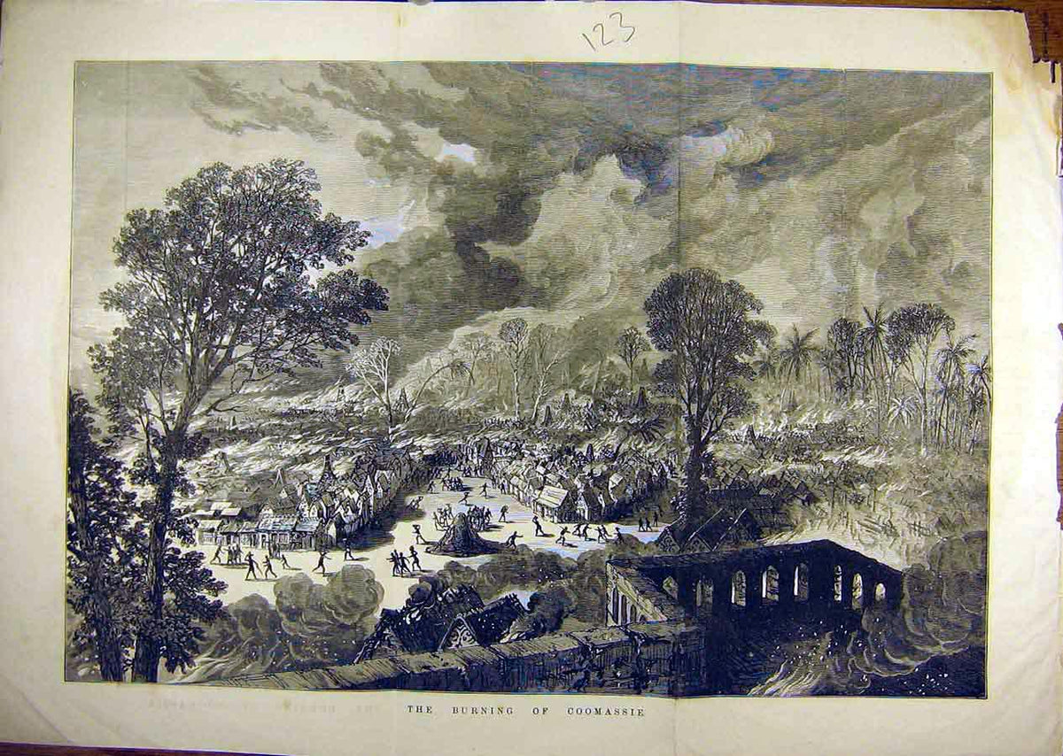 Original Old Antique Print Coomassie Burning Fire Village Natives