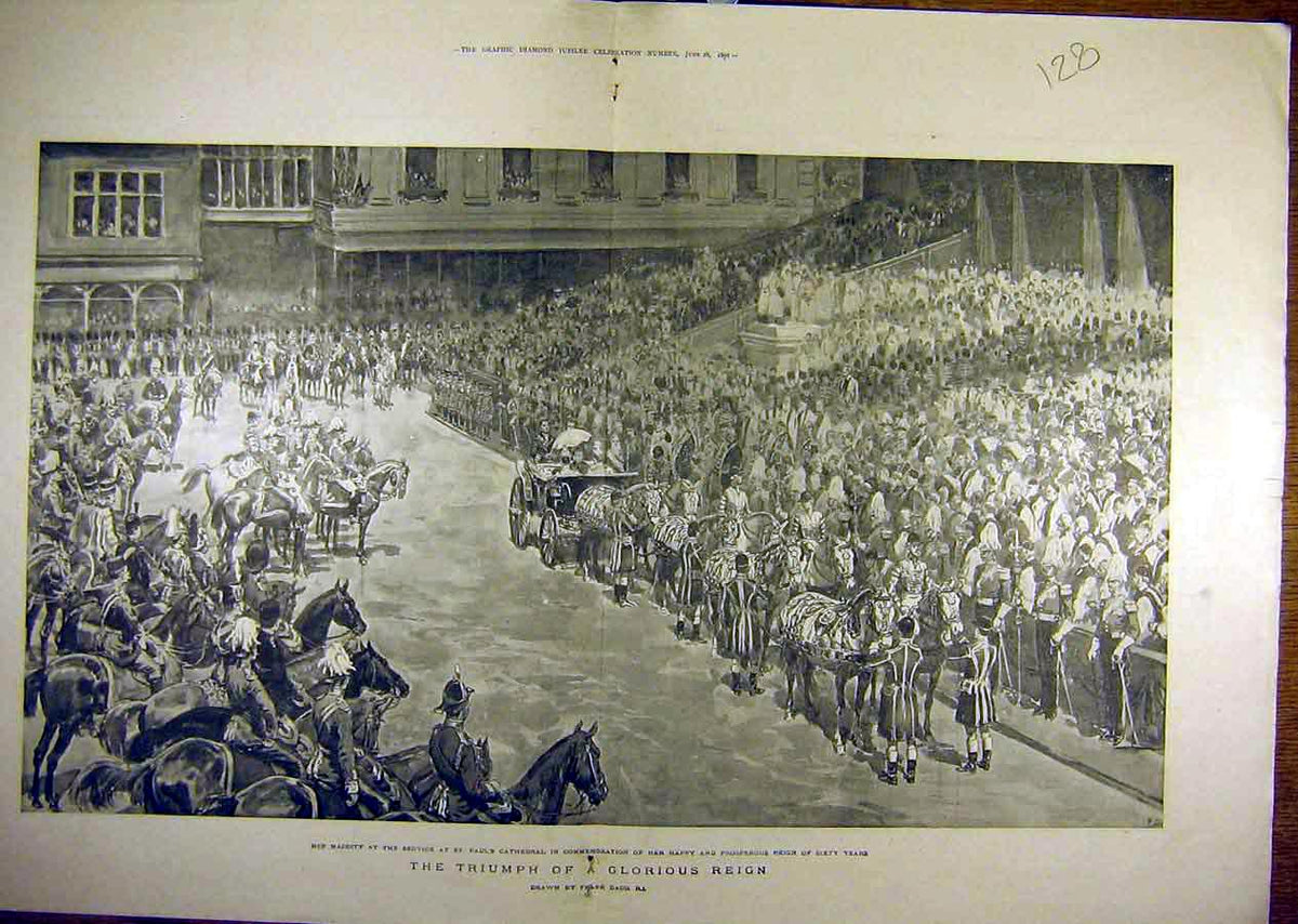 Original Old Antique Print 1897 Queen Jubilee Yeomen Review Procession Dadd